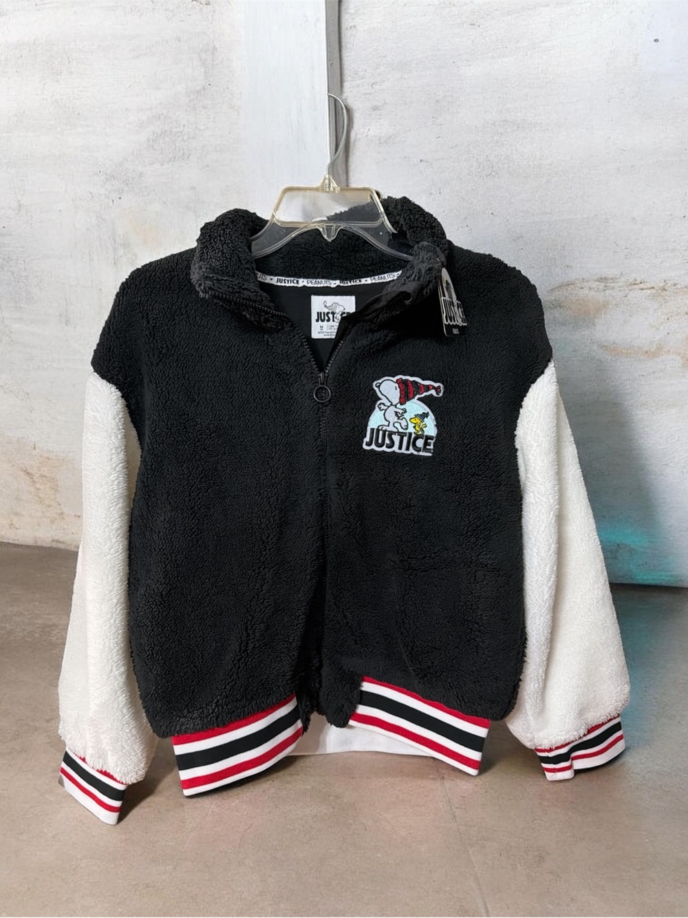 Justice Black & White Sherpa Zip Hoodie with Red Trim